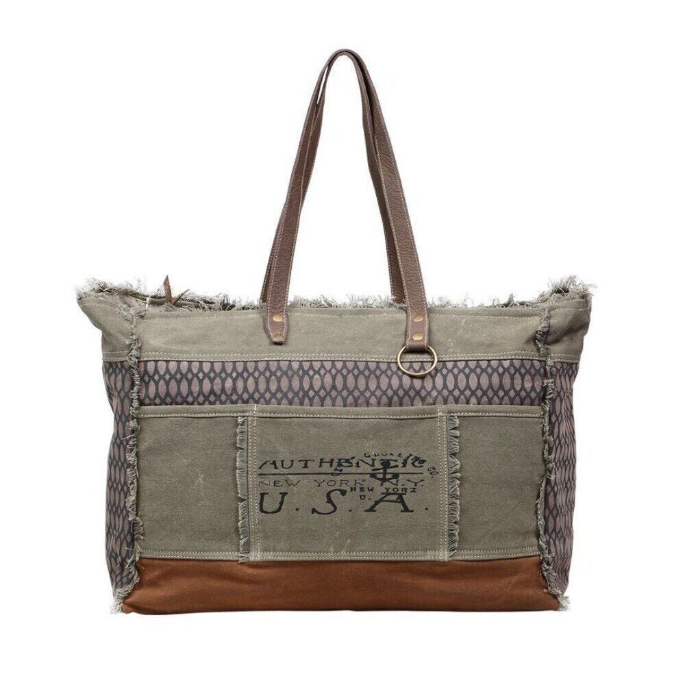 Myra Bag Handmade Honey Weekender Bag Upcycled Canvas & Cowhide Leather